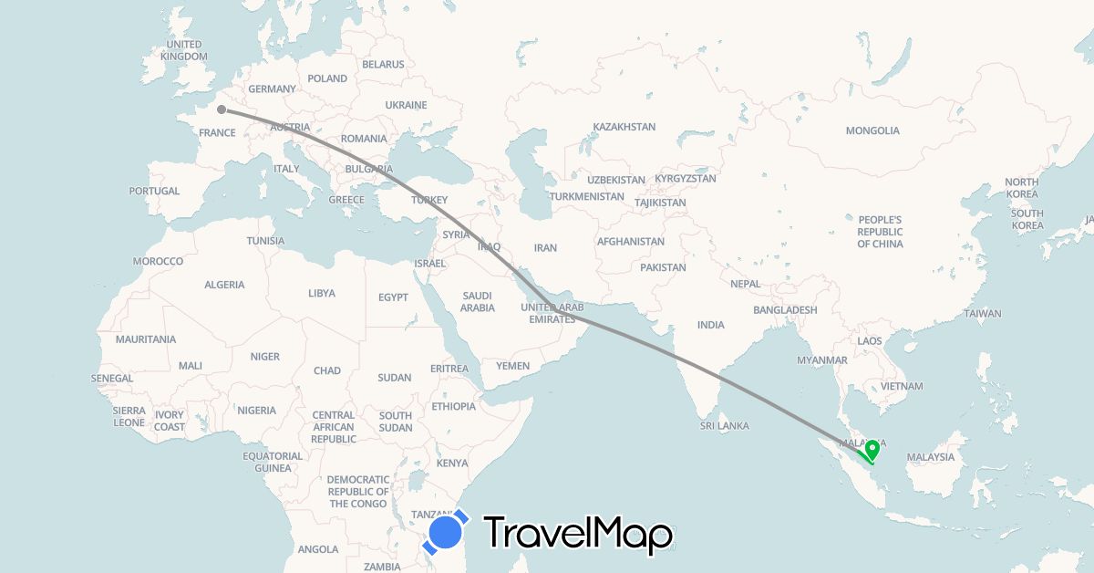TravelMap itinerary: driving, bus, plane in United Arab Emirates, France, Malaysia, Singapore (Asia, Europe)